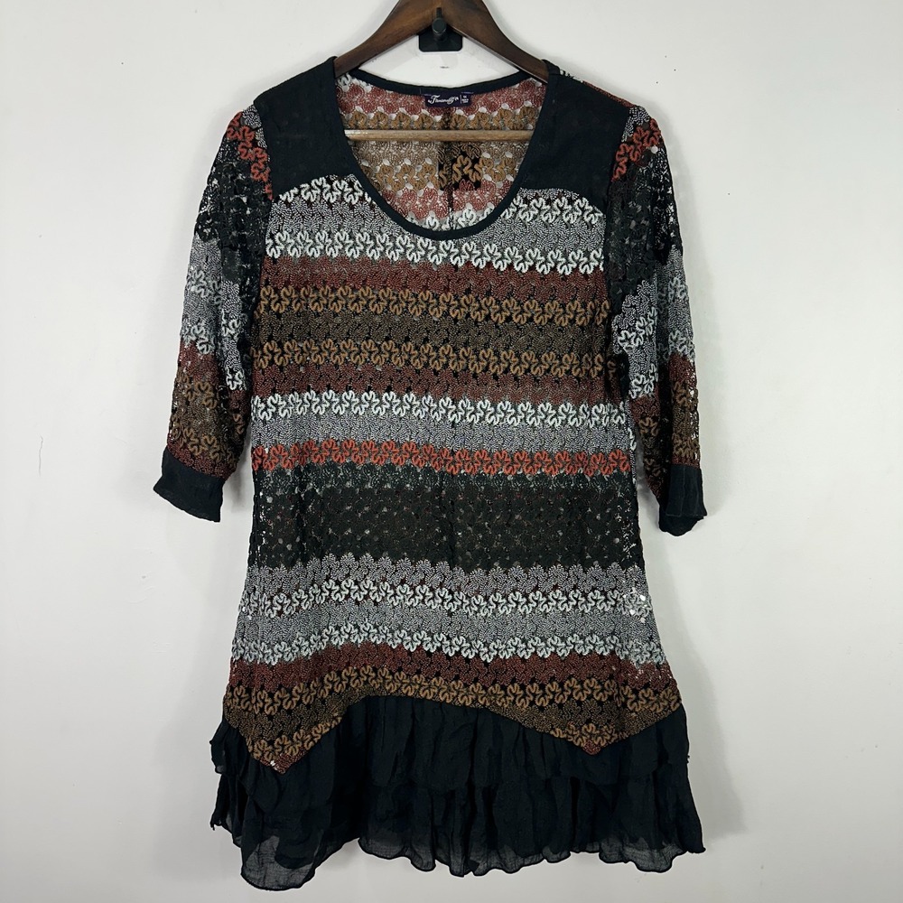 Formanality 1X Crochet Lace Mini Dress Boho Festival Tunic Sheer Chiffon Hem‎